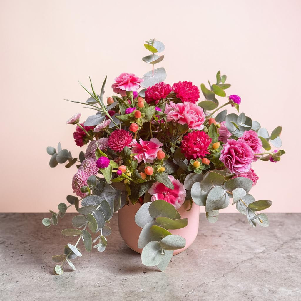 AMABILE FLOWER SHOP vibrant pink carnations and chrysanthemums with hypericum berries and eucalyptus in a pink vase.