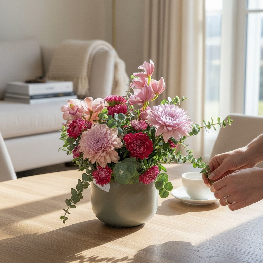 AMABILE FLOWER SHOP pink and red mixed flower arrangement with eucalyptus in a sage green vase.